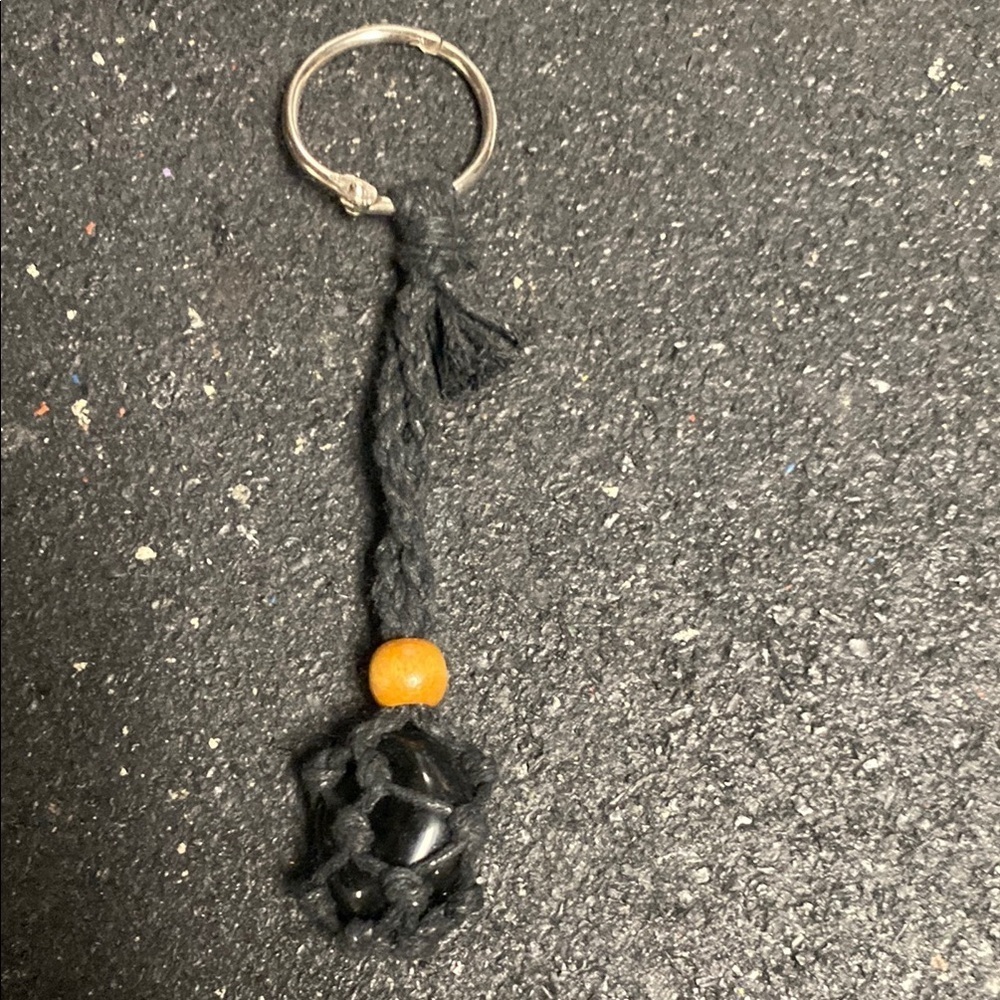 Black Obsidian and Orange Beaded Keychain